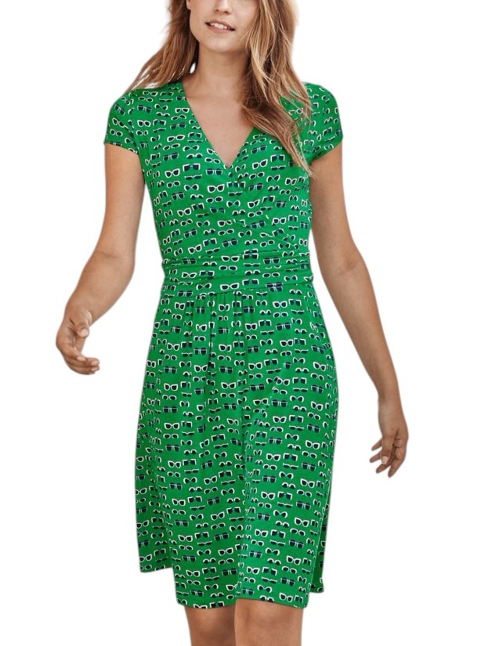 Boden Lola Green & Navy Blue Glasses Print Jersey Knit Midi Dress - 4 L